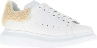 Alexander McQueen Womens White Leather Sneakers With Beige Shearling Heel Whitebeige Calf Skinnon Def
