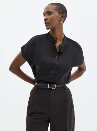 Contemporaine Womens Flowy satin cap-sleeve shirt