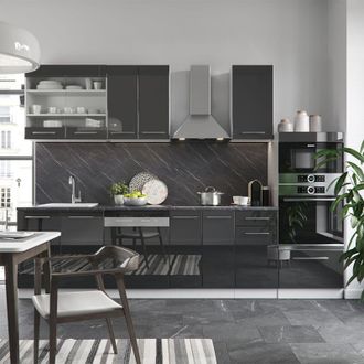 Vicco Mueble De Cocina Fame-line, Antracita, 300 Cm Con Armario Alto, Sin Encimera