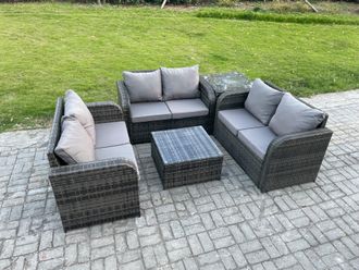 Fimous Outdoor Garden Furniture Sets 6 Seater Wicker Rattan Furniture Sofa Sets with Square Coffee Table Love seat Sofa 2 Small Footstools
