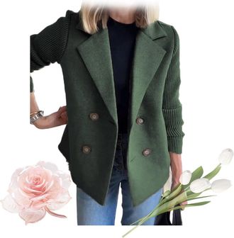 Generic Womens Lapel Button Knitted Patchwork Sleeve Casual Coat Cropped, Double Breasted Blazer Sweater (Green,S)
