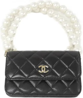 Chanel Black Artificial Pearl Leather Chain/Shoulder Wallet (Pre-Owned)