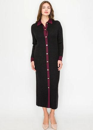 YAL New York Black Cable Knit Maxi Dress with Burgundy Trim