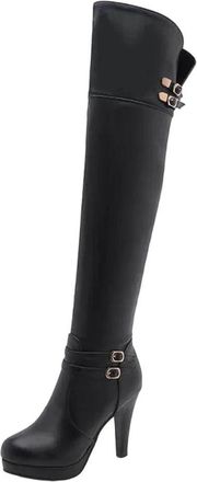 Generic Womens Knee Boots Platform Square Heel Party Club Ladies Shoes Round Toe Belt Buckle Zipper