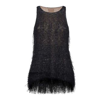 Giorgio Armani Sleeveless Tops, female, Blue, Size: 2XL Lurex jersey top with fringes