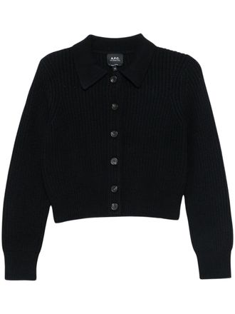 A.P.C. Ribbed Knit Cropped Cardigan With Classic Collar