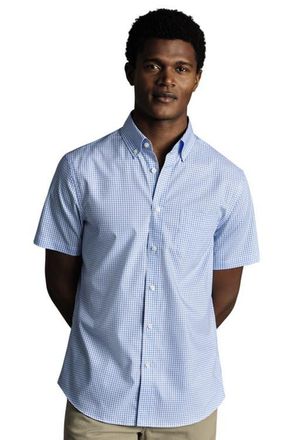CHARLES TYRWHITT Non-Iron Stretch Check Short Sleeve Shirt in Cornflower Blue at Nordstrom, Size X-Large