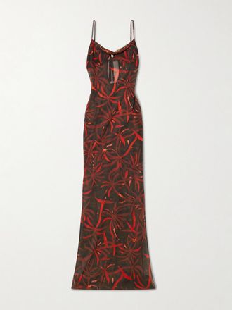 Sara Cristina Copricostume In Georgette Di Seta Riciclato Con Perle Palm - Rosso