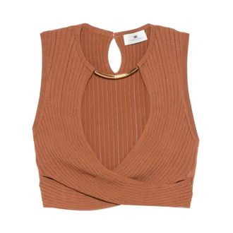 Elisabetta Franchi Sleeveless Tops, female, Brown, Size: XS Knit Top With Jewel Detail