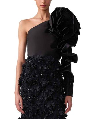 Carolina Herrera One Shoulder Flower Sleeve Silk Top