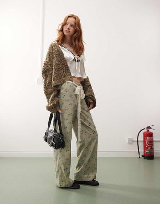 Reclaimed Vintage wide leg cord pants with lace belt in floral print-Multi