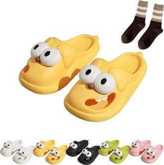 Generic Tongue Kiss Slippers, Big Eyes Dog Slippers, 3D Big Eye Dog Fun Cartoon Package Head Eva Non-Slip Slides (Yellow,7)