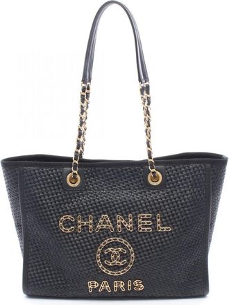 Chanel Black Leather Straw Handbag Tote Bag (Pre-Owned)