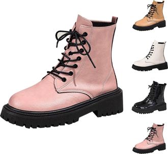 Generic Momolaa Pink Ankle Boots for Women Patent Leather Platform Lug Sole Combat Booties Lace up Low Block Chunky Heel Side Zipper Fall Winter Black Militar