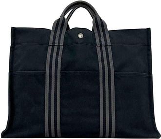 Herm&egrave;s Fourre Tout Black Gray Cotton Canvas Tote Bag (Pre-Owned)