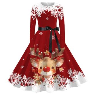 Generic Christmas Dress Women UK Xmas Santa Reindeer Snowflake Christmas Tree Printed A Line Dresses Long Sleeve Cocktail Girl Party Knee Length Dresses O Nec