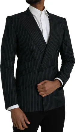 Dolce & Gabbana Mens Black Stripe Sicilia Double Breasted Coat Blazer Virgin Wool Silk Clothing