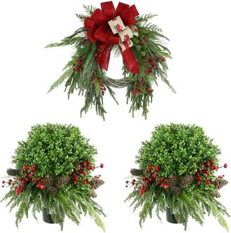 Creative Displays Inc. Farmhouse Holiday Set With Red Truck Ribbon Wreath & 2 Uv Boxwood Drop-Ins