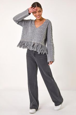 Roman V-Neck Fringe Textured Jumper