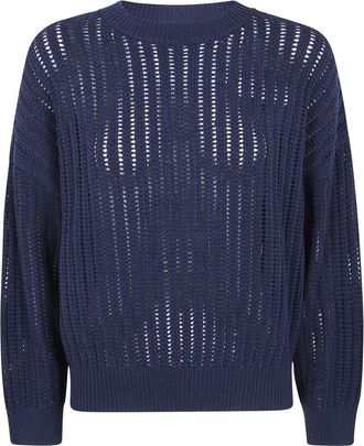 Brunello Cucinelli Trui met opengebreide structuur - Dames - Ronde hals truien - Blauw - M - Katoen - Truien & Vesten