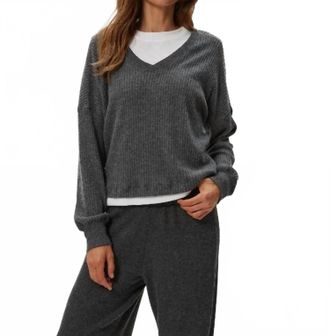 Michael Stars Salma Brushed Waffle Long Sleeve V Neck Top In Charcoal