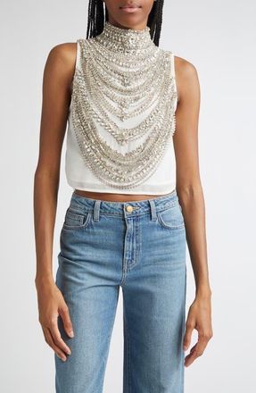 L'agence Yun Draped Crystal Sleeveless Crop Top in Ivory/Crystal at Nordstrom, Size X-Small