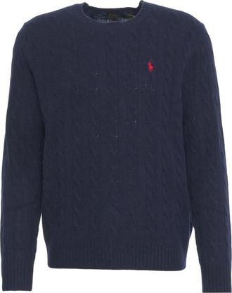 Polo Ralph Lauren Round-neck Knitwear, male, Blue, S, Classic Cable Knit Jumper Blue Aw25