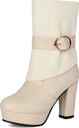 Generic Womens Ankle Boots Tweed PU Round Toe Metal Buckle Platform Chunky Heel Comfortable Non Slip Wear Resistant Daily Commute Casual Outings Date Nights S