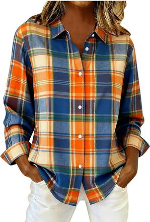 Generic Womens Vintage Flannel Checked Shirts UK Casual Long Sleeve Plaid Shacket Ladies Classic Check Collared Blouses Retro Color Block Lightweight Fall Win