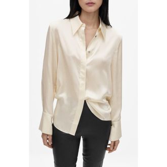 Mango Satin Silk Button-Up Shirt in Off White at Nordstrom, Size 8