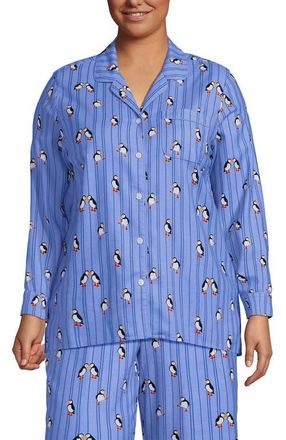 Lands End Plus Size Long Sleeve Print Flannel Pajama Top in Clear Blue Playful Puffins at Nordstrom, Size 2X