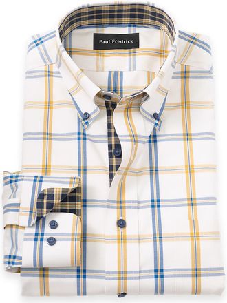Paul Fredrick Comfort Stretch Non-iron Windowpane Dress Shirt With Contrast Trim