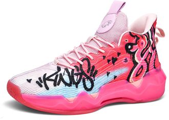 Generic Mens Basketball Shoes High Top Anti Slip Shock-Absorbing Running Fashionable Durable Training Boots Walking Shoes(Pink,4.5 UK)