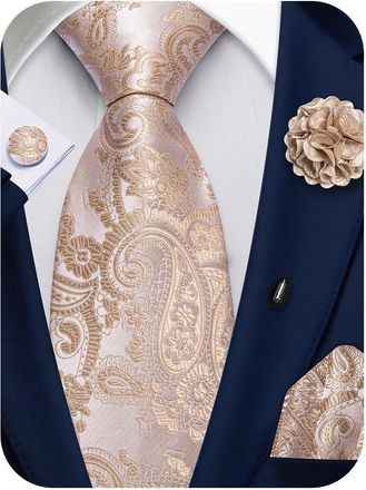 Barry.Wang Champagne Paisley Tie and Lapel Pin Set Silk Beige Necktie Pocket Square Cufflinks Formal Wedding