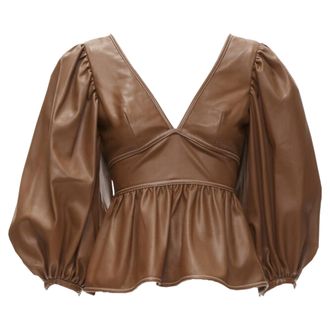Staud Staud Luna vegan leather plunge neck puff sleeve top