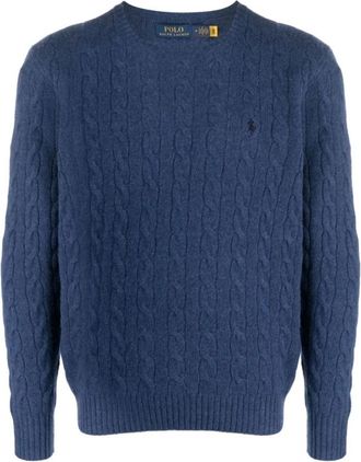 Ralph Lauren Wollen kabeltrui met kasjmier - Heren - Ronde hals truien - Blauw - XL - Wol - Truien & Vesten