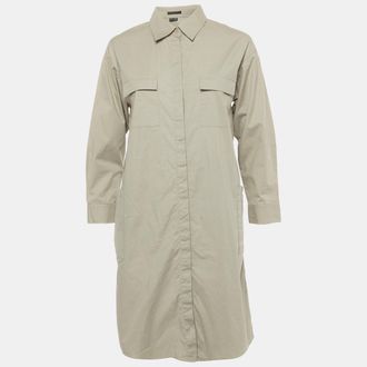 Theory Green Cotton Belted Long Sleeve Utility Shirt Dress