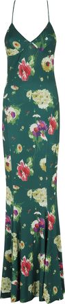 Norma Kamali Green Low Back Slip Fishtail Floral Polyester Maxi Dress