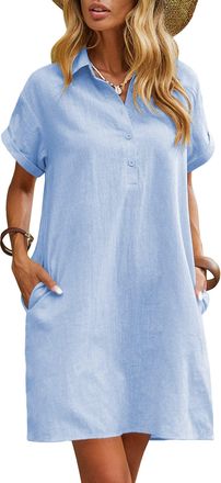 Zeagoo Womens Casual Cotton Linen Dresses Short Sleeve Mini Beach Summer Tunic Dress for Women Light Blue XL