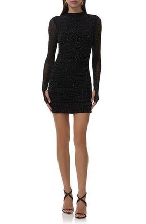 AFRM Darcie Rhinestone Long Sleeve Mesh Minidress in Noir at Nordstrom Rack, Size Small