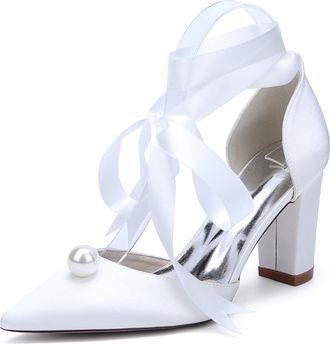 Generic Womens Pointed Toe Block Heel Pearl Wedding Shoes Bridal Chunky Heeled Prom Party Dress Shoes Pumps 8.5Cm,White,10 UK