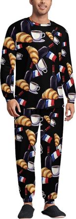 Generic Wine Coffee Croissants France Flag Mens Pajamas 2 Piece Set Crew Neck Long Sleeve Sleepwear Loungewear Top And Bottom M