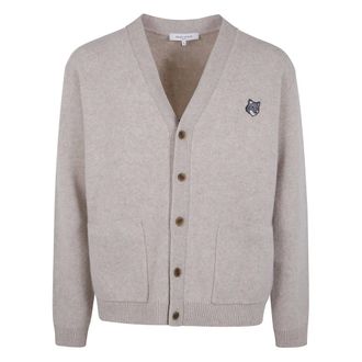 Maison Kitsun&eacute; Truien & Vesten, Dames, Beige, XL, Wol, FOX Head Milano Lamswollen Cardigan