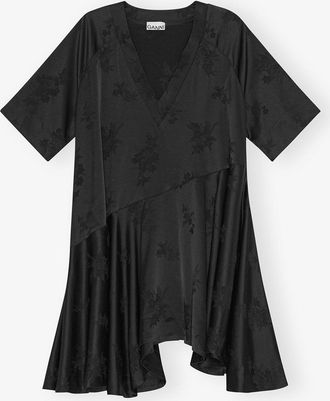Ganni Black Floral Satin Jacquard Oversized Mini Dress Size Small/Medium Acetate/Polyester Womens