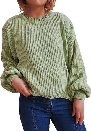 Generic Womens Jumper Crewneck Chenille Warm Pullover Tops for Woman Casual Lantern Long Sleeve Fall Winter Plain Elegant Sweater Cuff Sleeves Loose Fit Solid