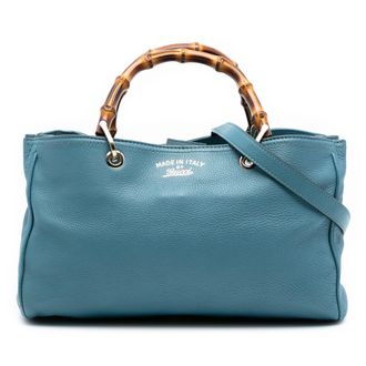 Gucci Blue Medium Calfskin Bamboo Shopper Satchel