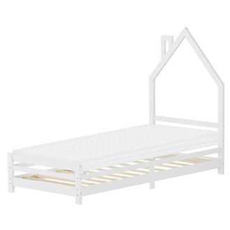 ML Design Ml-design - Cama Infantil Blanca 90 X 200 Cm En Forma De Casa Con Colch&oacute;n 10 Cm, Cuna Individual De Madera De Pino Con Somier De L&aacute;minas Y Dise&ntilde;o De C