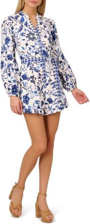 Adrianna Papell Floral Long Sleeve Cotton Romper in White/Blue Multi at Nordstrom, Size 12