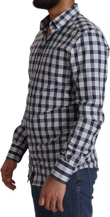 Dolce & Gabbana Mens Blue White Check Cotton Slim Fit Gold Shirt And