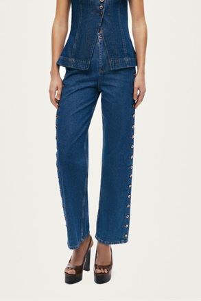 Nocturne Eyelet Detail Wide-Leg Denim Pants in Navy Blue at Nordstrom, Size X-Small Eu